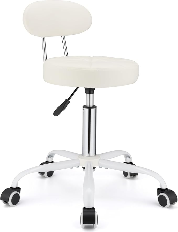 PU Leather Rolling Stool with Back Support Height Adjustable Swivel Stool Chair with Wheels Drafting Chair for Spa Slaon Massage Stable Base Foot White