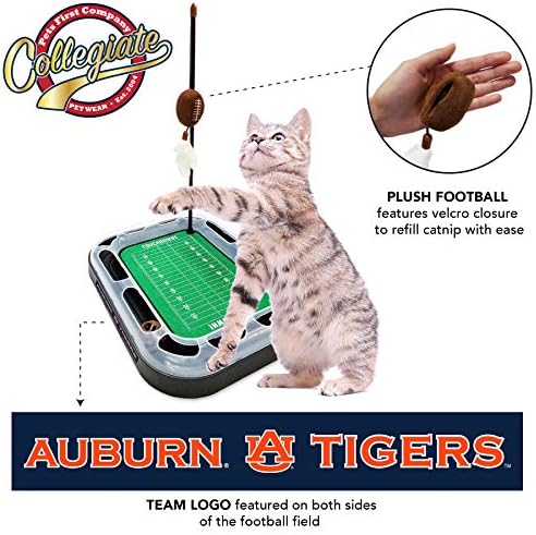 Pets First NCAA Auburn Tigers Reversible Football Field CAT Scratcher Toy with Catnip Filled Plush Football Toy&Feather Cat Toy Hanging with Jingle Bell Interactive Ball Cat Chasing 6-in-1 Kitty Toy
