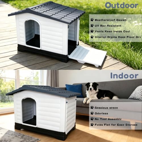 2-Door Small Dog House with Fold-Out Porch and Elevated Base, Gray