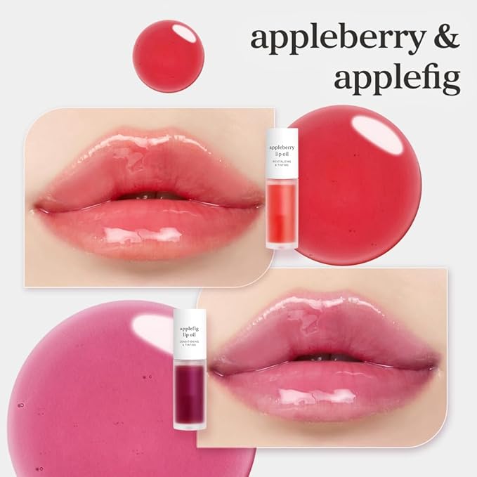 NOONI Korean Lip Oil Set - Appleberry & Applefig | Long-Lasting, Moisturizing, Plumping, Revitalizing for Dry Lips, Waterproof, No Peel Off, Stocking Stuffers, 0.12 FL Oz x 2ea