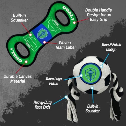 Pets First MLS Seattle Sounders FC Soccer Field Tug Toy & Soccer Ball Rope Toy Set for Dogs - Officially Licensed Interactive Squeaky Rope Fetch & Chew Toys with Team Logo
