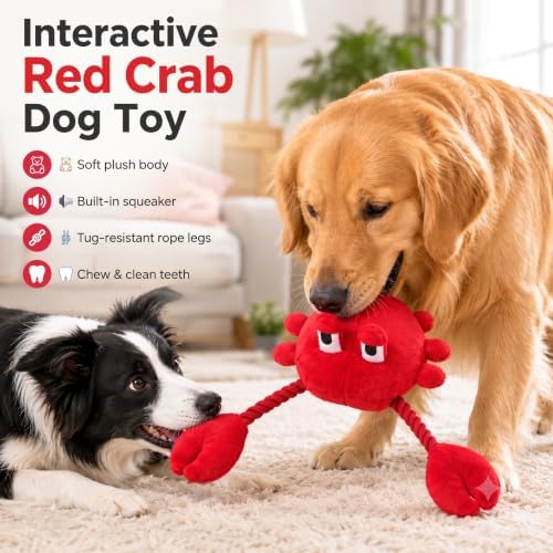 Squeaky Dog Plush Chew Toy, Interactive Tug Squeaky Toy for Chewers, Medium & Large Dogs & Fetch Play, 18.1 Inch Stuffed Crab Toy with Rope Twisted Claws for Gentle Gum Care & Boredom Relief, Red