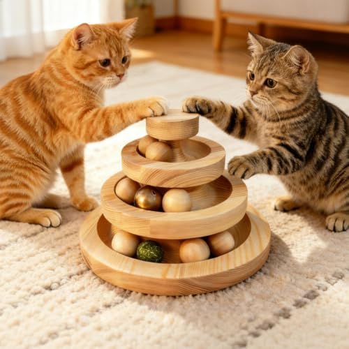 Solid Wood Cat Ball Track,Heavy Duty 3-Tier Interactive Cat Toy Tower with 9 Removable Balls,Bell & Catnip,No Assembly Required,Anti-Tip Sturdy Base for Indoor Cats, Kittens & Large Cats