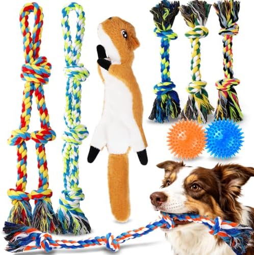 Forfon 9 Pack Dog Rope Toy Set for Large Dogs, Tough Dog Chew Toys for Aggressive Chewers, Interactive Tug of War Toys with Squeaky Plush & Squeaky Balls for Teeth Cleaning & Chewing