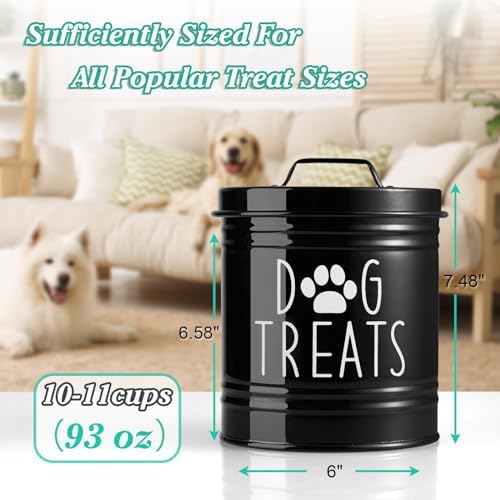 OUTNILI Large Dog Treat Container Airtight - 6.6" Tall X 6" Round Black Dog Treat Jar for Kitchen Counter - Rustic Treat Storage Canister for Dogs, Cats, Small Animals
