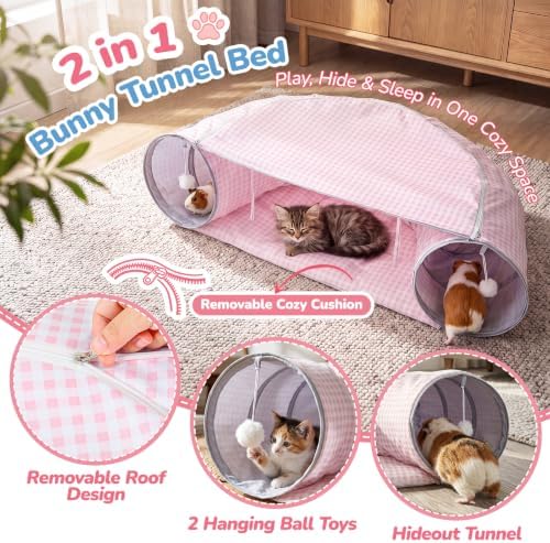 Bunny Tunnel Bed, 2-in-1 Collapsible Rabbit Guinea Pig Hideout, Pink