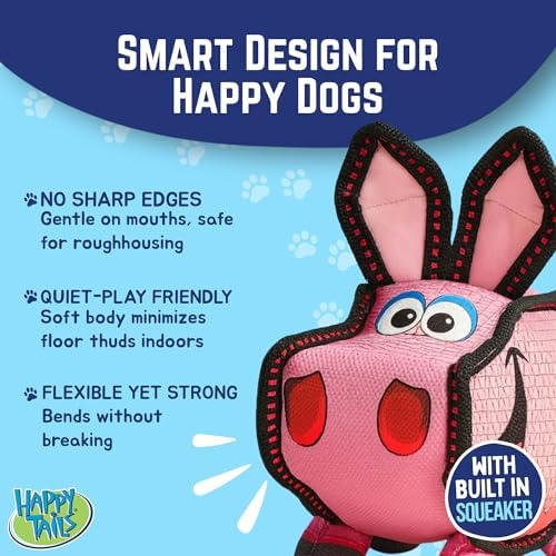 Happy Tails Square Pig Dog Toy for Medium to Large Dogs - Durable Polyester, Squeaky, Reinforced Stitching, Interactive Pet Playtime, Safe Chew Toy