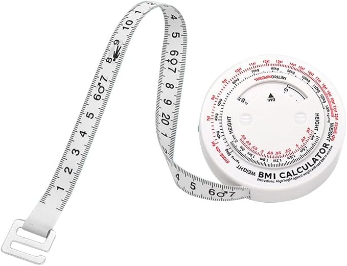 150cm Retractable BMI Tape Measure Body Mass Index Calculator for Diet Fitness Tracking White Plastic Ruler with Push-Button Lock for Waist Hip Chest Thigh Calf Measurement Easy Self-Use Tool