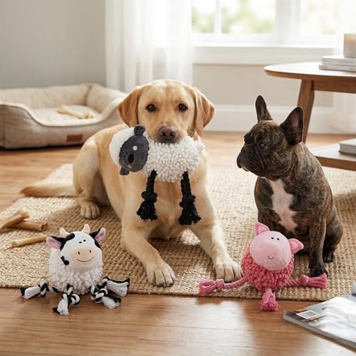Fuzzl Farmyard Friends Dog Toy – Molly Moo Cow – Large Soft Noodle Fabric Plush with Durable Rope Legs – Interactive Tug Chew & Comfort Toy for Dogs