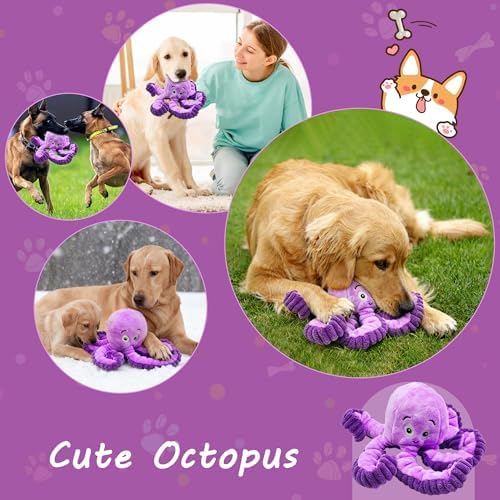 Squeaky Dog Toys, Stuffed Large Dog Toys to Keep Them Busy, Interactive Plush Chew Toys with Crinkle Paper, Tough Pet Animal Toys for Small Medium Large (Purple Octopus)