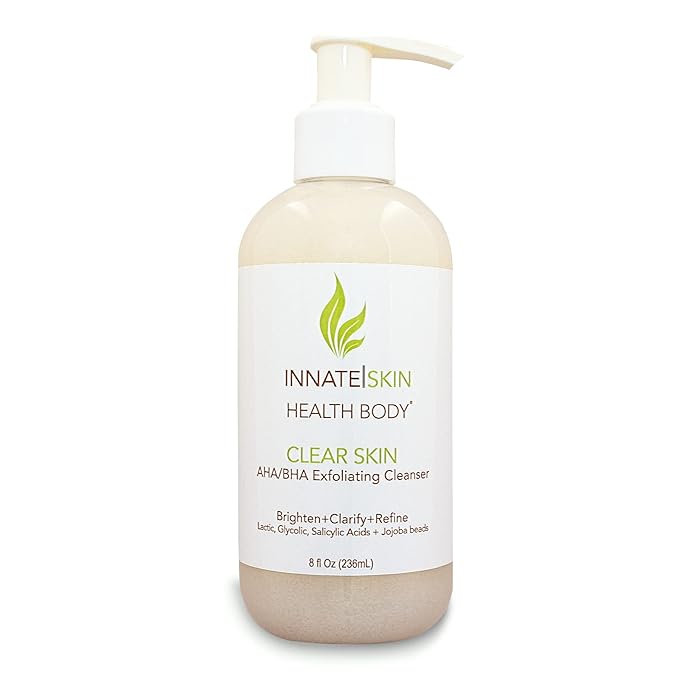 Clear Skin AHA BHA Exfoliating Cleanser Glycolic & Salicylic Acid Cleanser, Jojoba Beads - 8oz Pump