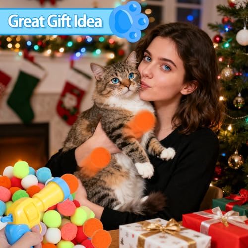 Mity rain 102PCS Cat Ball Launchers & Pom Pom Balls Interactive Cat Toy Set