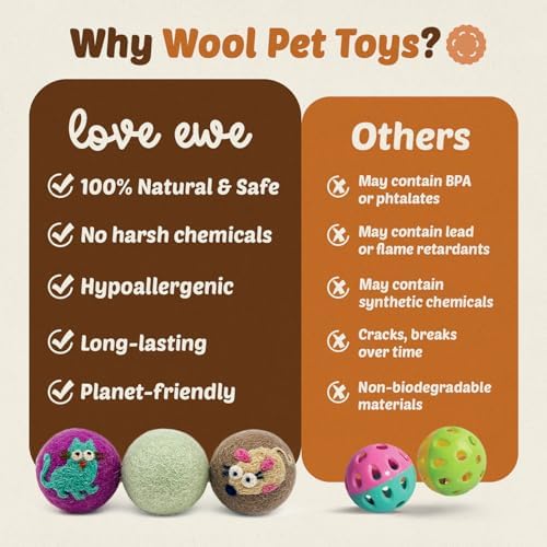 Love Ewe Wool Cat Toys Ball 3 Pack, 2-inch Cat and Mouse