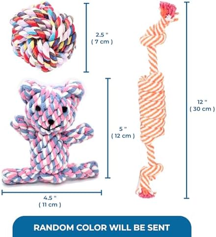 SunGrow Cotton Knot Puppy Chews, 4.5" Tough Teething Chewable Teddy Bear, 2.5" Ball, 12" Durable Oral Chew Rope, Handwoven for Small Breeds Dog, Massage Teeth, Gums, Random Color, 3 Pcs