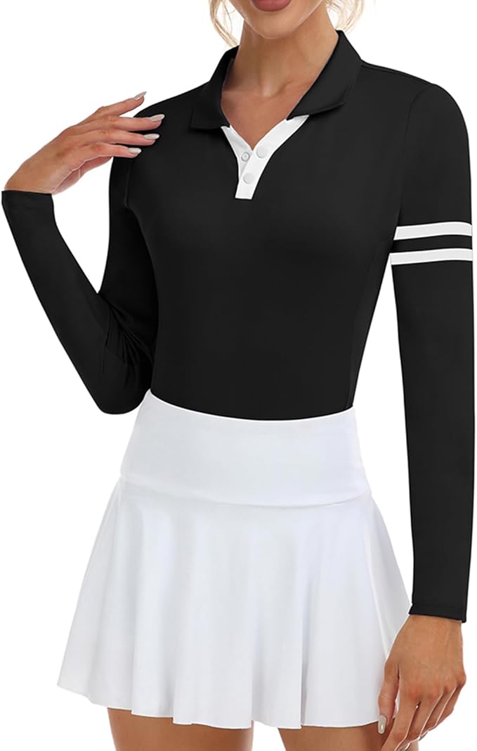 Soneven Womens Golf Shirts Moisture Wicking V Neck Long Sleeve Polo Shirts Collared Tops