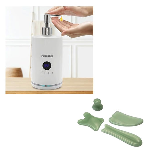 Oil Warmer for Massage, Mezsocly massage oil warmer for scented oil, Oil Warmer, Body Oils Heater for Spa, Salon and Barber Shops, 2 Oil Bottle Dispensers, Constant Temperature, GUASHA stone green