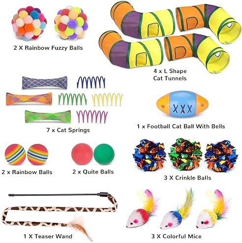 Retro Shaw Interactive Cat Toys for Indoor Cats Kitten,Relieve Bored,25PCS | 4PCS Collapsible Tunnels, Large, Safe and Durable, Kitten Game Hiding Spot Self-Play Chase Exercise