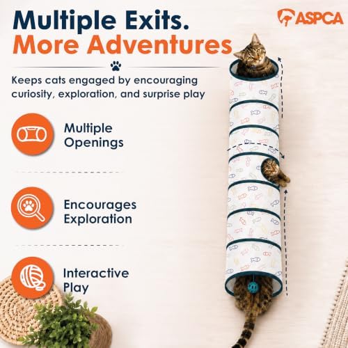 ASPCA Cat Tunnel with Rattle Toy – Interactive Collapsible Cat Tunnel for Indoor Cats, Crinkle Play Tunnel with Hanging Rattle Toy, Encourages Hiding, Chasing, Pouncing & Active Play, Fish Printed
