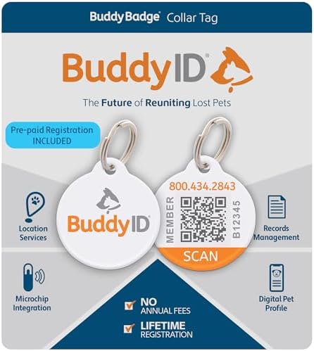BuddyID BuddyBadge QR Pet ID Tag for Dogs & Cat, Lifetime Registration, 1ct