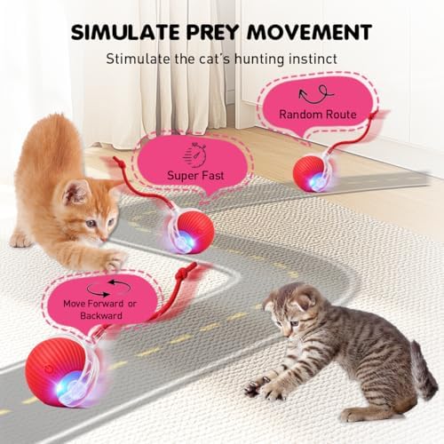 Interactive Cat Toy Ball - Speedy Motion Activated Rolling Toy for Indoor Cats, Smart Automatic Moving Stimulation to Keep Them Busy, Fun Cat Toys for Bored Adult Cats & Dogs（Red）