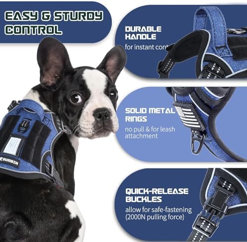 BUMBIN Tactical Dog Harness for Large Dogs No Pull, Famous TIK Tok No Pull Puppy Harness, Fit Smart Reflective Pet Walking Harness for Training, Adjustable Dog Vest Harness with Handle Denim Blue L
