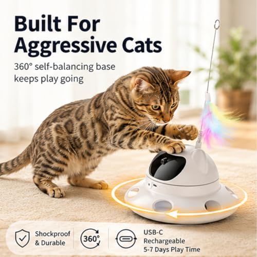 Parakeets Conures Cockatiels 3-in-1 Auto Cat Toy, USB Recharge Motion Activated Kitten Feather Chase Toy - Snow-White