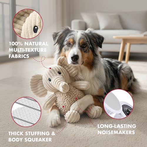 petlou Durable Natural Nubby Plush Dog Toys with Squeaker and Crinkle Paper in Multi-Size (Natural Elephant - M, 10 Inch)