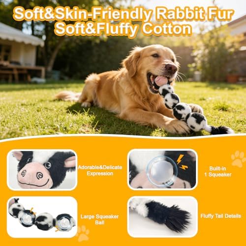 20.47 Inch Cow Long Plush Squeaky Dog Toy, Durable Chew Toy for Puppy Teething, Interactive Tug-of-War Toy for Small Medium Large Dogs