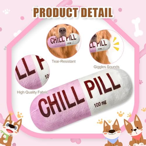 Wanheart Funny Chill Pill Dog Toy, Squeaky Plush Capsule for Teething Puppies & Cats, Interactive Chew Gift with Bite-Resistant Design, Pet Lover Present, Training Supply & Photo Prop(Pink)