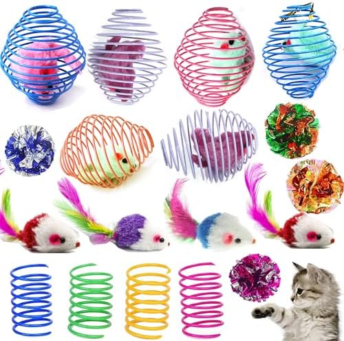 18 Pack Assorted Cat Metal Spring Balls Stretchable Large Cat Spiral Toy Crinkle Balls Interactive Kitten Rolling Coils Spring Inside Caged Rats Pet Supplies Indoor Outdoor Ferrets