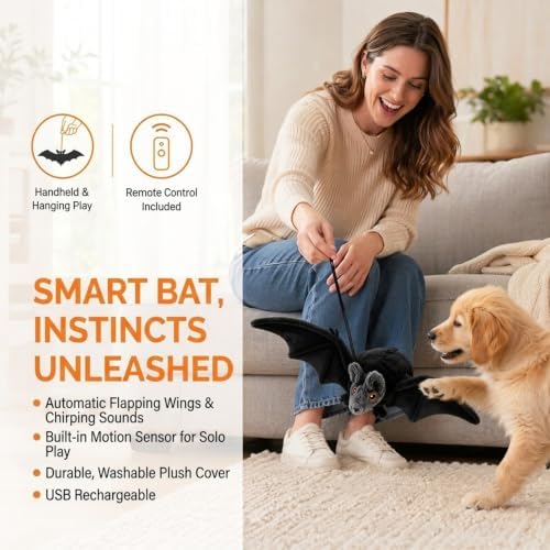 Interactive Flying Bat Dog Toy, Flapping Wings Cute Bat for Indoor Cats & Dogs, Automatic Flapping Wings with Chirping Sounds, Touch Activated, Rechargeable for Solo Play，Manual Switch