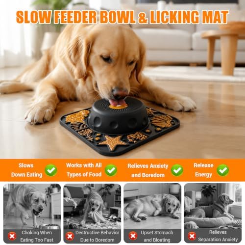 Large Dog Lick Bowl with Rolling Ball, 500ML Slow Feeder Bowl with Lick Mat