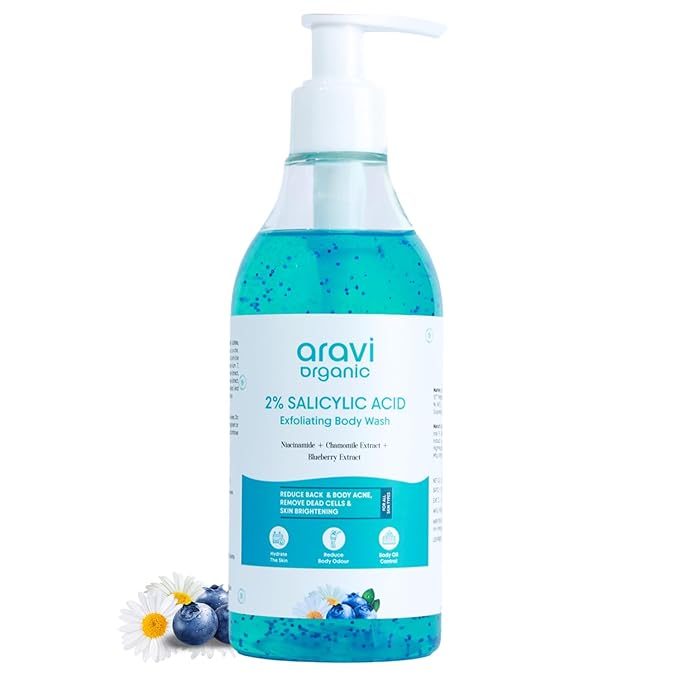 Aravi Organic 2% Salicylic Acid Exfoliating Body Wash with Niacinamide & Blueberry - Prevents Body Acne, Dead Cells, Deep Cleanses & Odor Defense - All Skin Types - SLS & Paraben Free - 300 ml