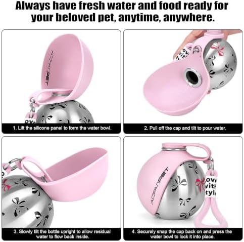 Portable Dog Water Bottle 10oz Stainless Steel Travel Dog Water Dispenser with Bowl No-Spill Puppy Water Bottle for Walking Hiking Small Dog Water Bottle (Pink Bow Print)