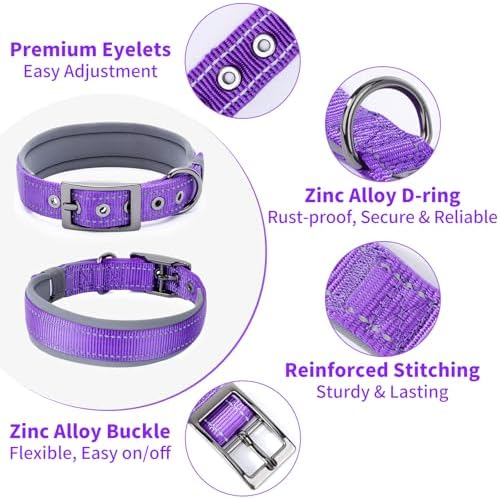 Segarty Reflective Medium Dog Collar, Adjustable Wide Soft Comfortable Breathable Neoprene Padded Nylon Collar with Heavy Duty Metal Buckle for Medium Small Breeds (M, Purple)