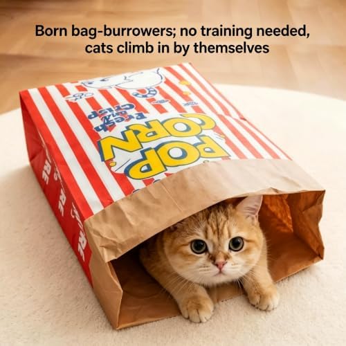 Crinkle Cat Sack, 25.6 x 19.7 Inch Large Cat Play Bag, Interactive Kraft Paper Cat Hideaway & Tunnel Toy, Foldable Cat House, Cute Room Decor (Popcorn)