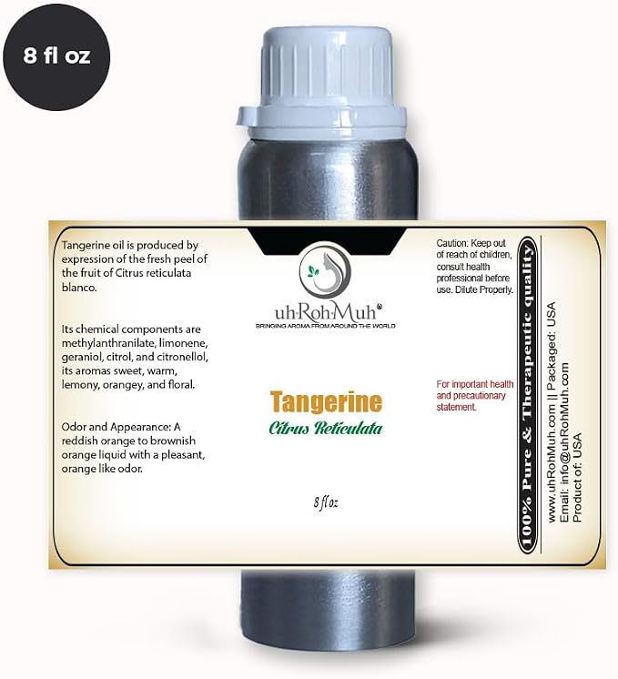 Tangerine Essential Oil, Citrus Reticulata, Cold Pressed Citrus Peel Oil, Sweet Citrus Aroma for Aromatherapy, Diffuser, Massage, Skin Care, Natural Fragrance Oil for Blends – 8 Fl oz