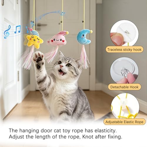 Hanging Door Cat Toy with Elastic String, Interactive Cat Toys for Indoor Cats, Retractable Door Hanging Cat Teaser with Bell/Feather/Plush for Self-Play (5 Pack)
