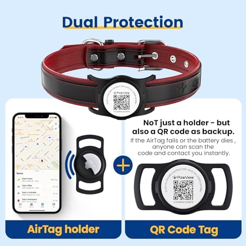 French Bulldog Leather Dog Collar with Holder for AirTag, Gift Set with 3 Frenchie QR Code Dog Tags (Dual Safety) & 2 Sticker Sheets, Personalized Accessories for Safety (S,Black)