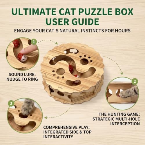 Wooden Cat Puzzle Toy - Interactive Cat Maze & Treat Dispenser Game Box with Track Balls - Mental Enrichment Toys for Indoor Cats & Kittens