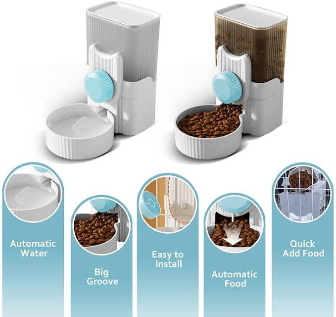 Hanging Cage Auto Pet Food Bowl Water Bottle Dispenser, 1L, Blue | Auto Gravity Pet Feeder and Waterer Set, Kennel Feeding Station, Crate Feeder Dish, For Rabbit Puppy Cats Ferret