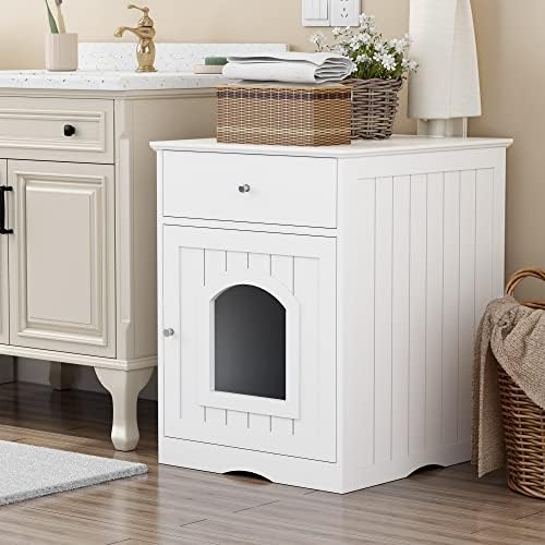 Wooden Cat Litter Box Enclosure with Drawer, White, Side Table Nightstand, Indoor Pet Crate, 18.9 x 20.9 x 25 Inches (White)