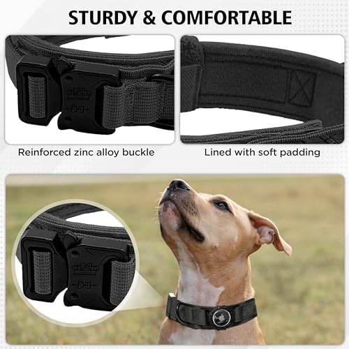 Heavy Duty Tactical Dog Collar with AirTag Holder, Adjustable GPS Tracking Collar for Small, Medium & Large Dogs, Compatible with Apple AirTag, Includes Control Handle for Added Security (Black, S)