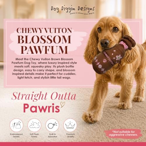 Dog Diggin Designs Chewy Vuiton Brown Blossom Pawfum Plush Dog Toy Bottle | Luxury-Inspired Parody Designer Perfume Bottle with Squeaker, Soft Plush Fashion Dog Toy – Prêt-à-Porter Play!