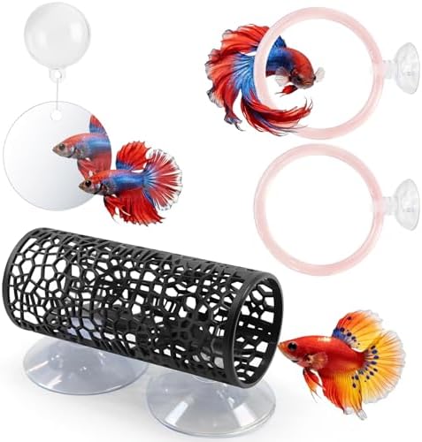 Betta Fish Toys, 1 Betta Fish Tunnel Hammock, 1 Fish Mirror with Floating Ball & 2 Exercise Training Ring Toys, Betta Fish Tank Accessories