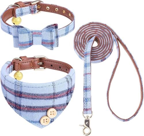 KOOLTAIL Small Dog Collar and Leash Set with Bowtie and Bells - Cute Puppy Bandana Collar and Leash for Male with Classic Plaid Pattern, Soft Leather Tangle Free Leashes for Small Dogs Boys Girls,Blue