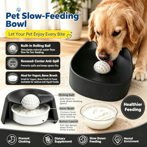 Dog Lick Bowl with Rolling Ball, Slow Feeder for Liquid Treats, Anti-Slip Interactive Dog Toy for Yogurt, Bone Broth & Milk, Anxiety Relief & Post-Op Nutrition, Large Medium Small Breeds (Black)