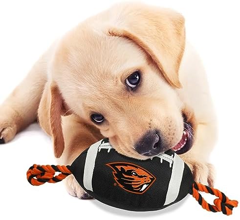 Pets First NCAA Oregon State Beavers ORS-3121NCAA Oregon State Nylon Football Dog Toy with Inner Squeaker & Tough Ropes for Tug-of-war Games, Black, One Size