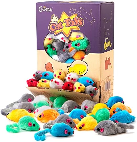 CHIWAVA 60PCS 4.1'' Furry Cat Toy Mice Rattle Small Mouse Interactive Play