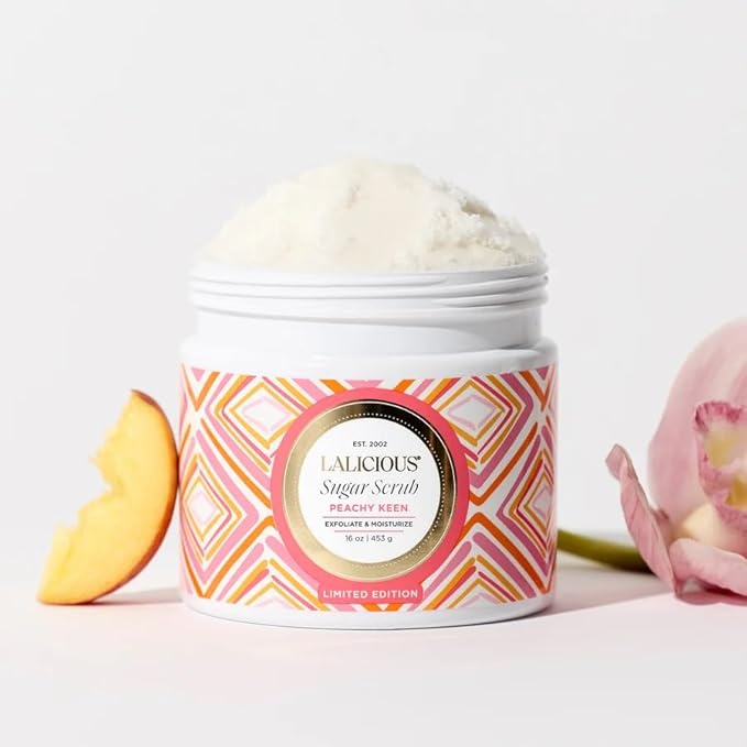 LALICIOUS Peachy Keen Exfoliating & Moisturizing Body Scrub | Sugar & Coconut Oil | Pre-Shave Scrub for Ingrown Hairs & Razor Bumps | Gently Buffs & Smooths Sensitive Skin | No Parabens | Large 16oz